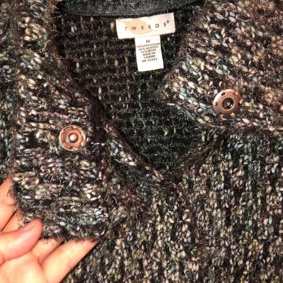 Tweeds M Wool Blend Olive Green Teal Gray White Boucle Chunky Knit Cardigan - Picture 8 of 15